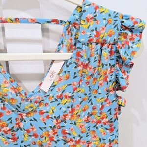 LOFT Floral Blue Flutter Sleeve Blouse